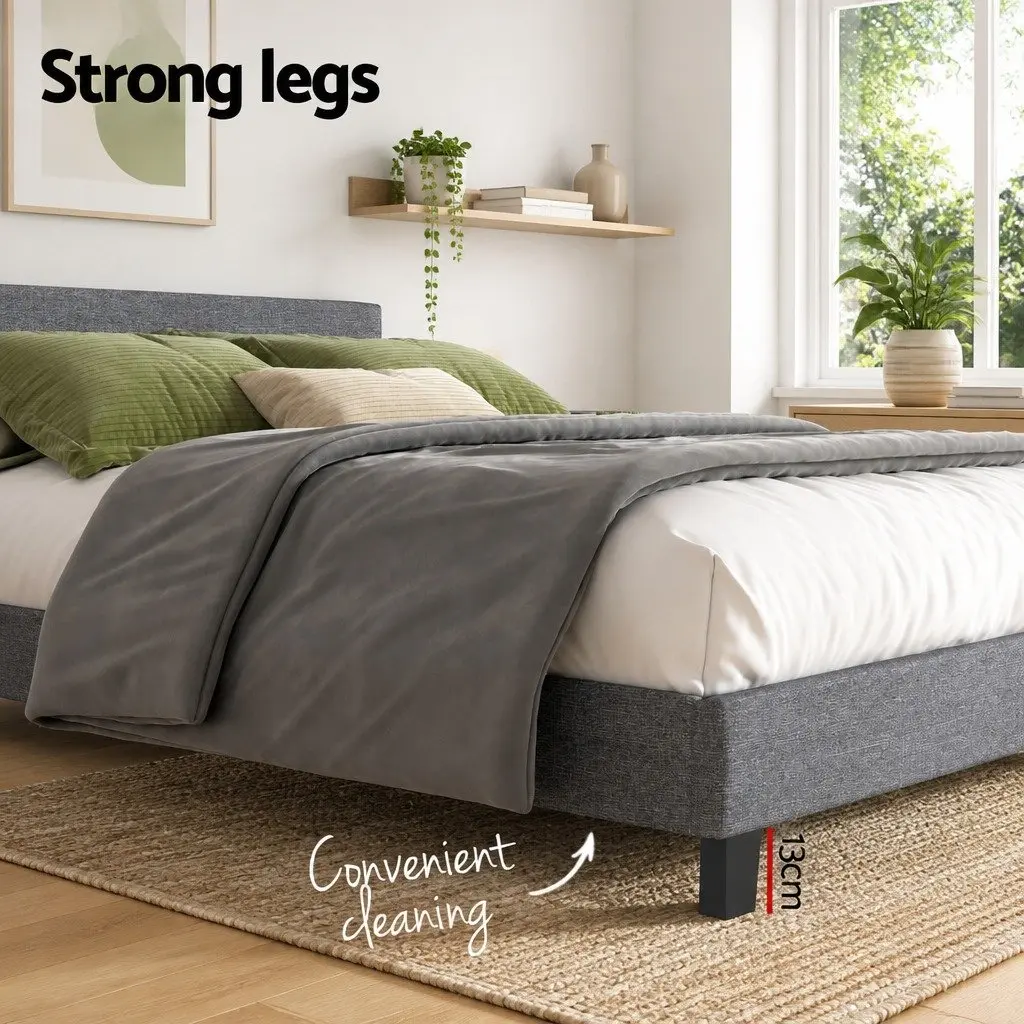 Grey Upholstered Double Bed Frame with Padded Headboard
