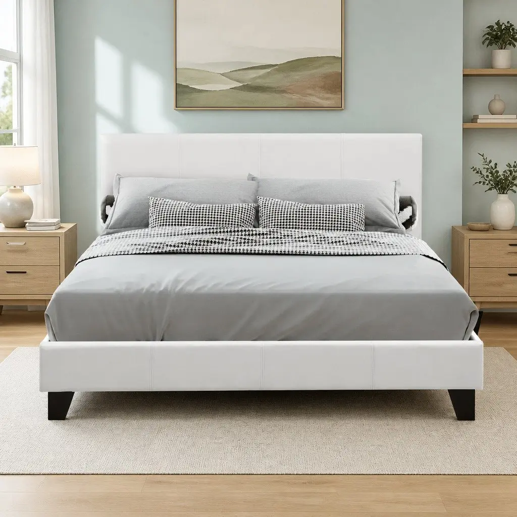 White Upholstered Double Bed Frame with Slat Base