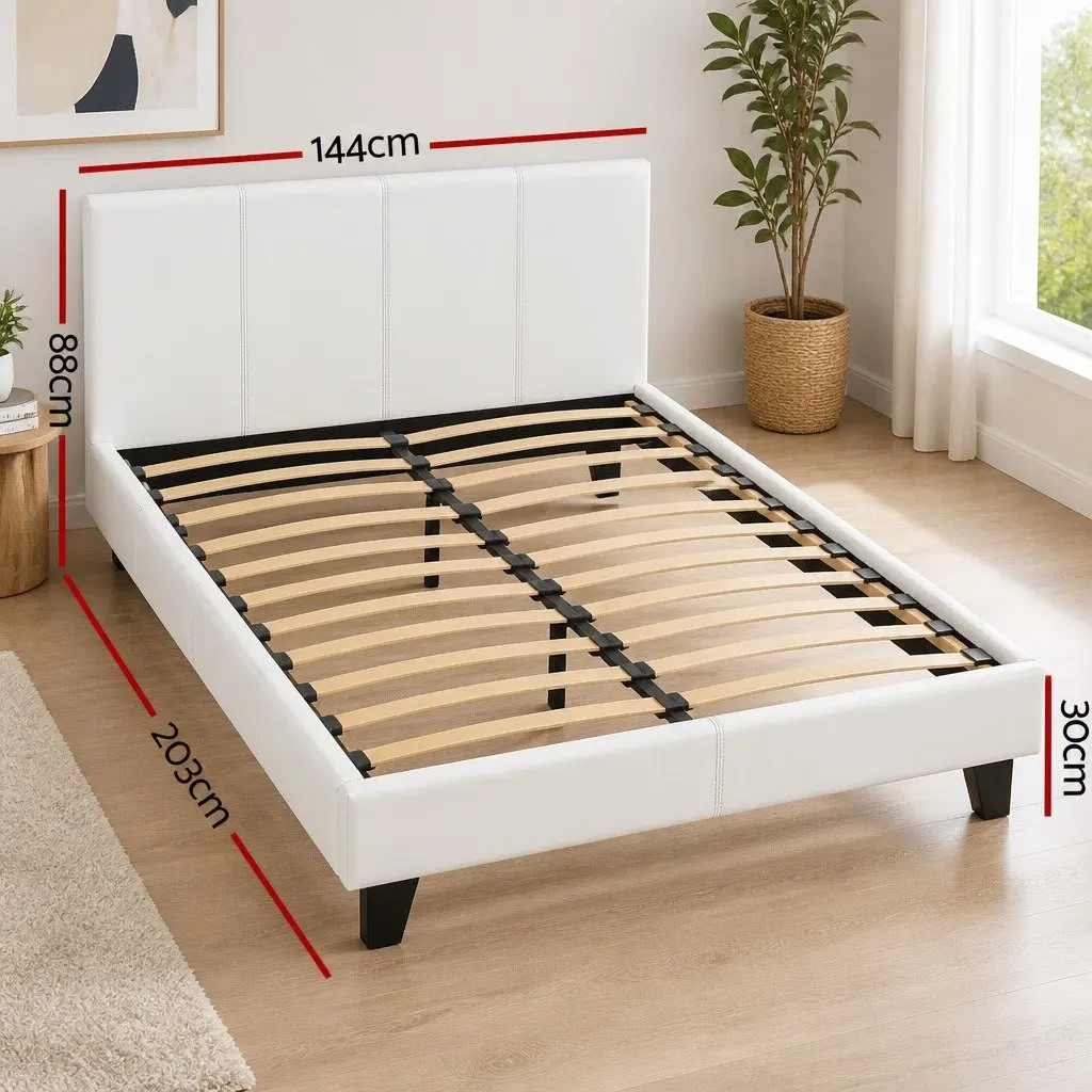 White Upholstered Double Bed Frame with Slat Base