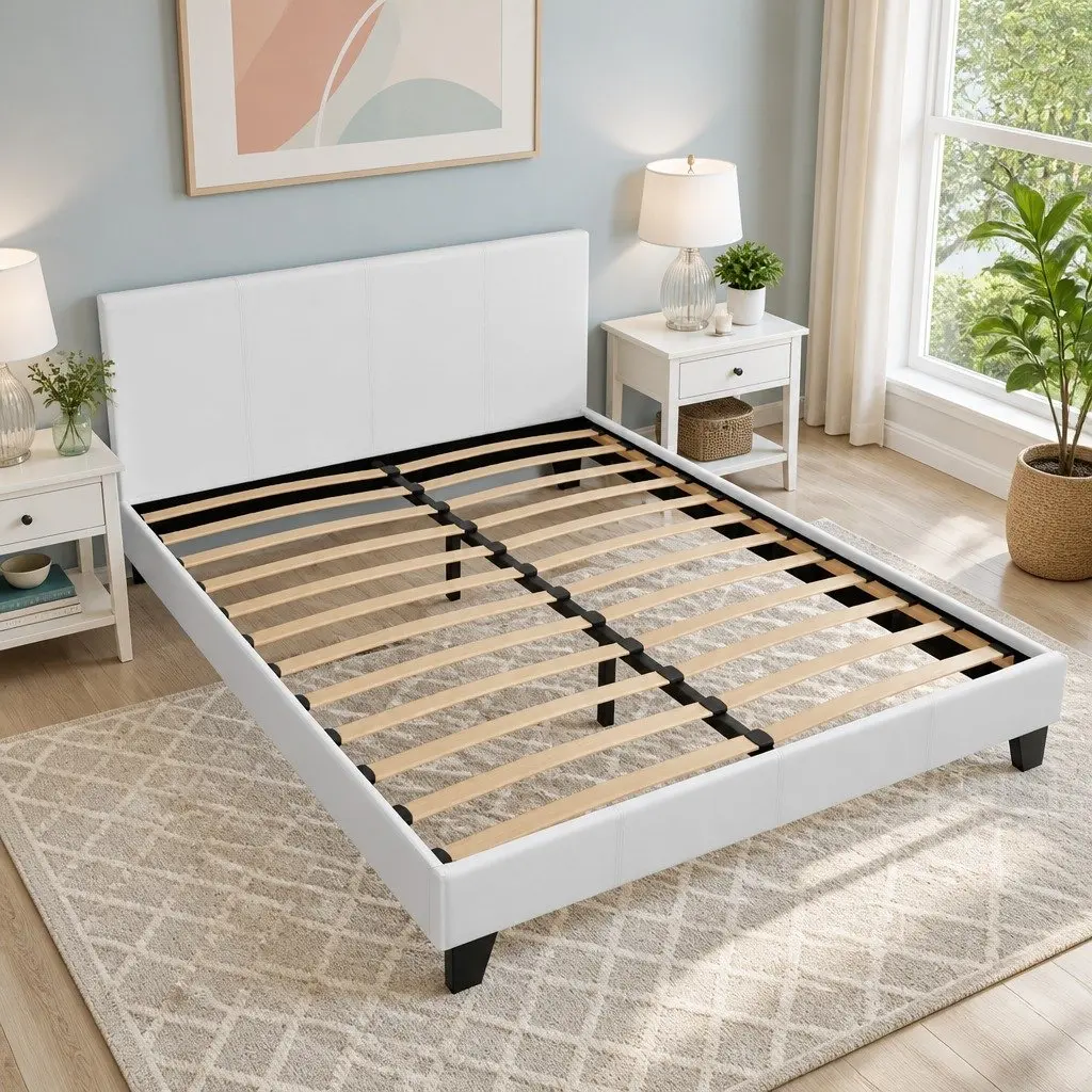 White Upholstered Double Bed Frame with Slat Base