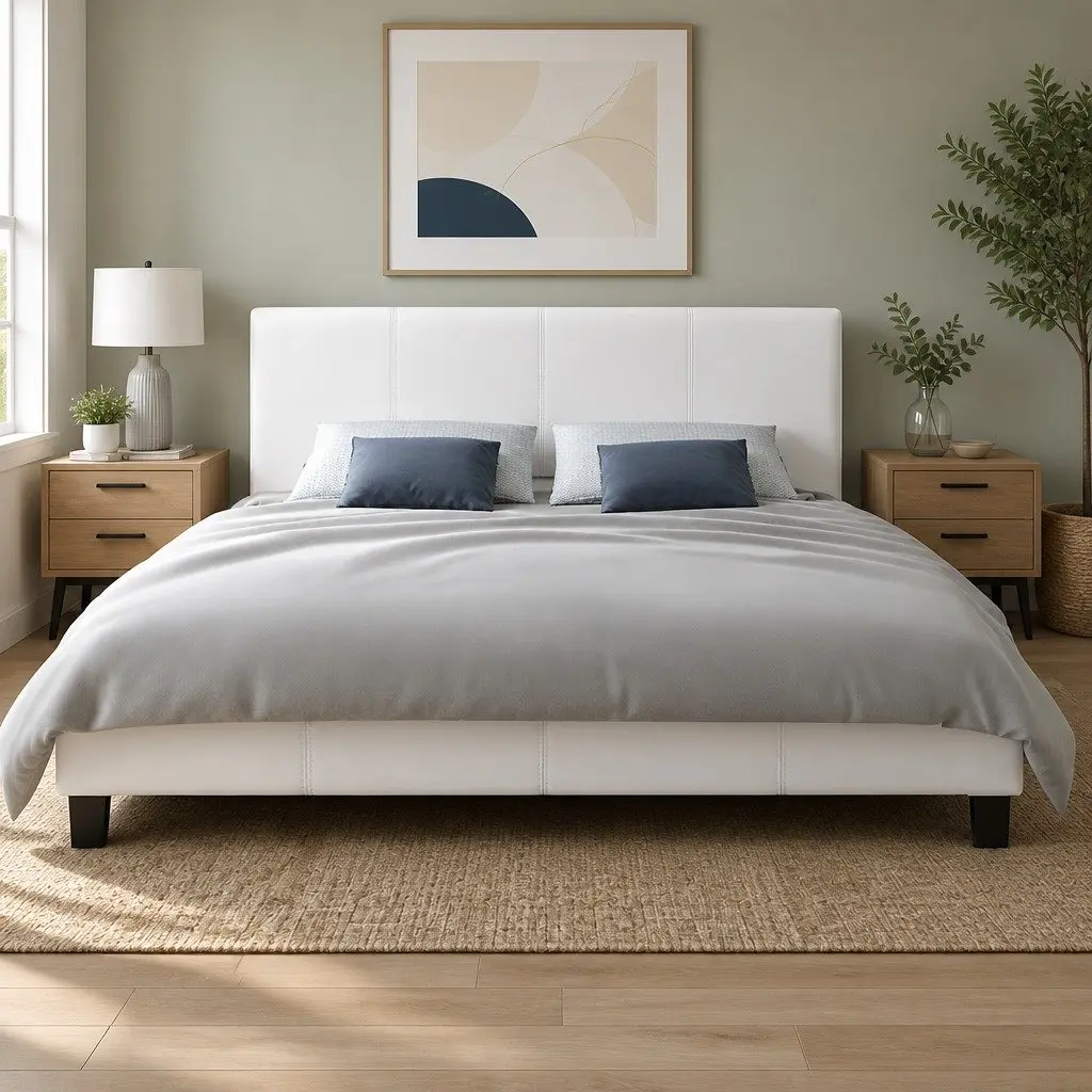 White Upholstered Double Bed Frame with Slat Base