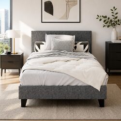 King Single Bed Frame Grey Upholstered Wooden Slat Base Metal Connectors