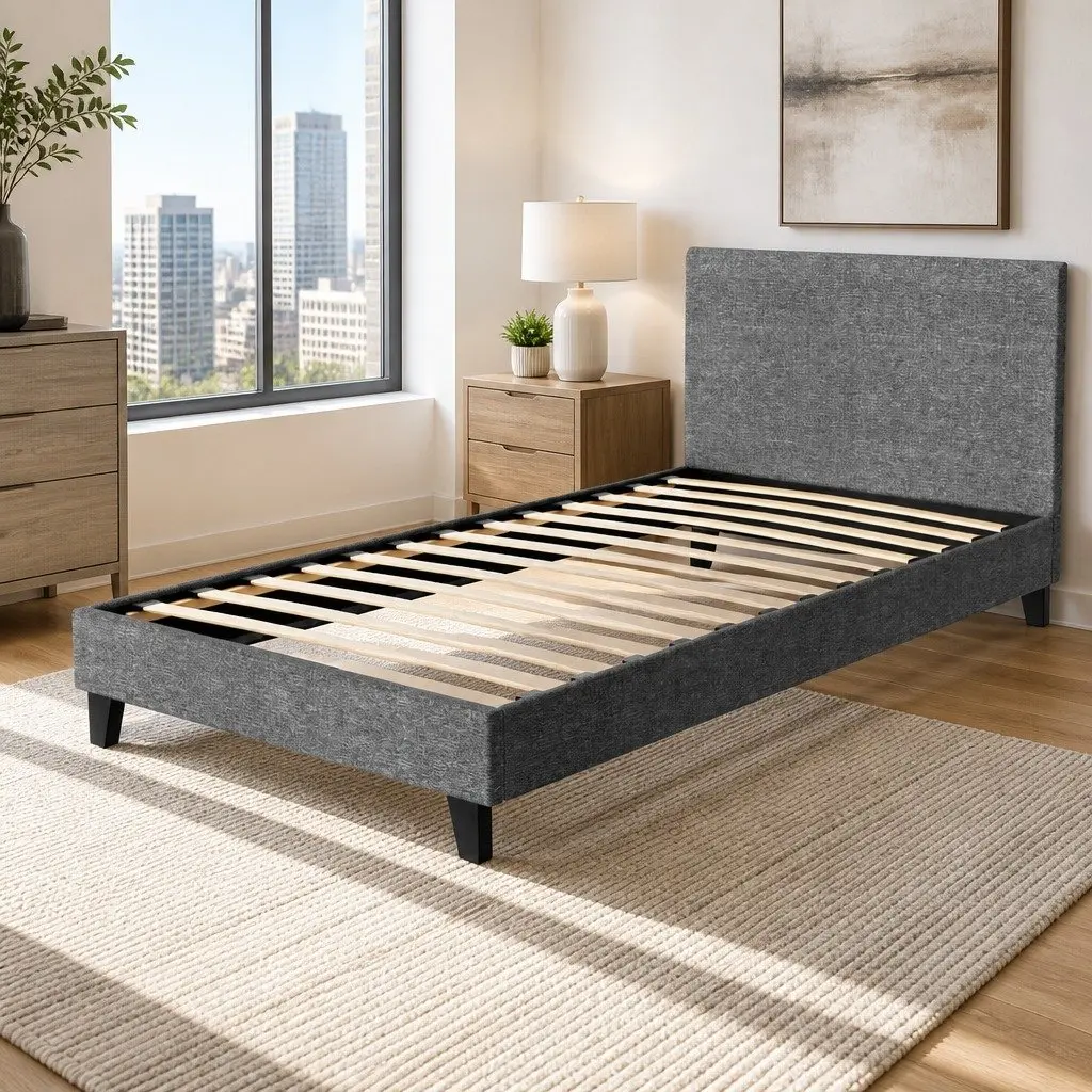 Grey Upholstered King Single Bed Frame with Slat Base