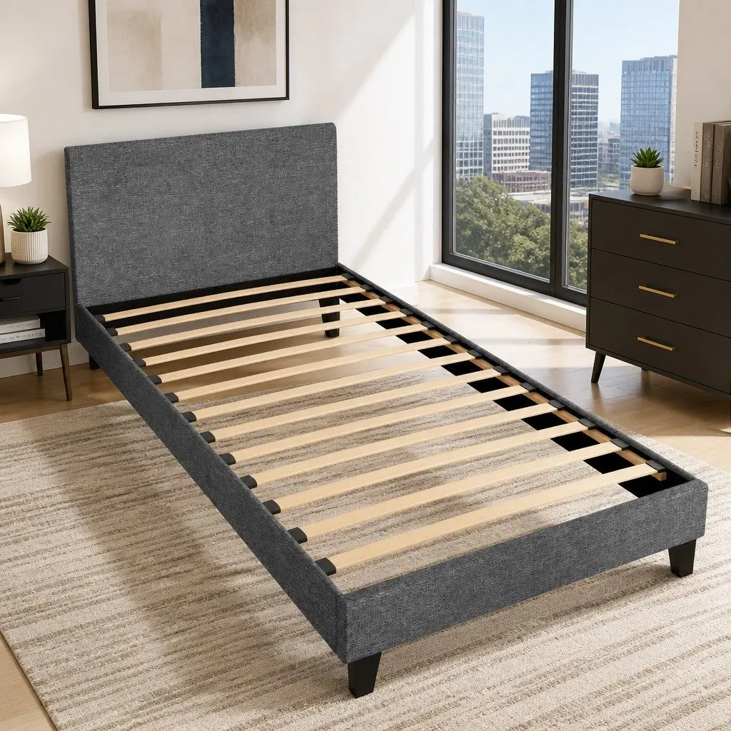 Grey Upholstered King Single Bed Frame with Slat Base