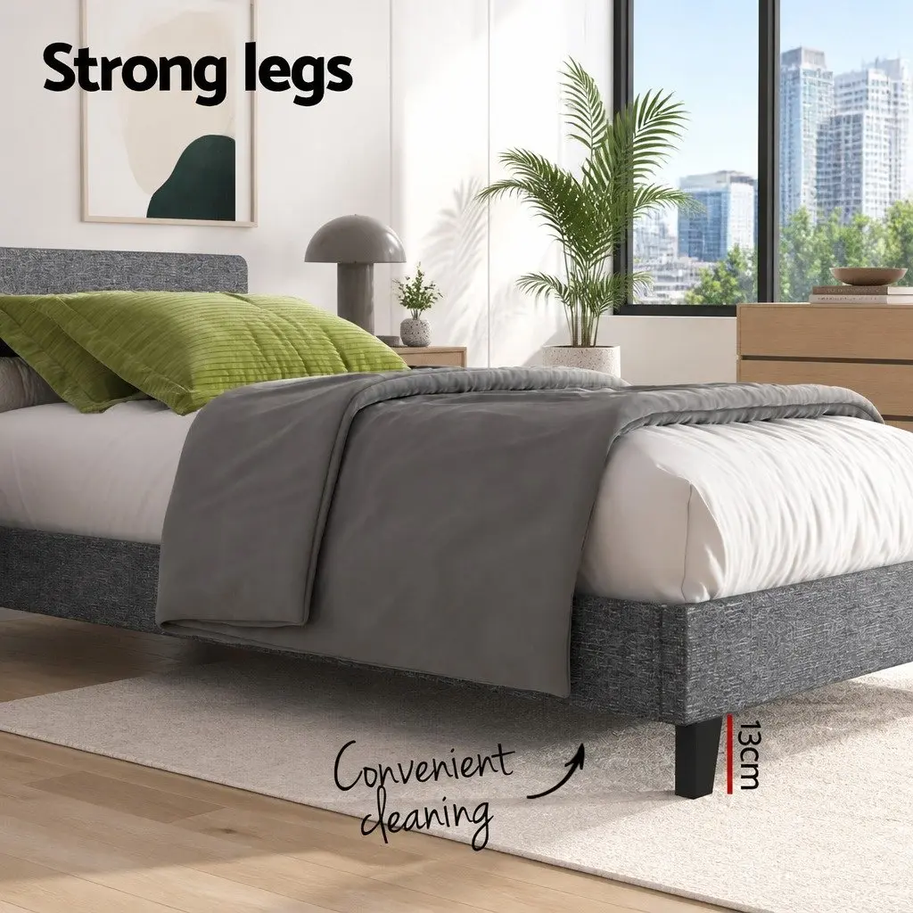 Grey Upholstered King Single Bed Frame with Slat Base