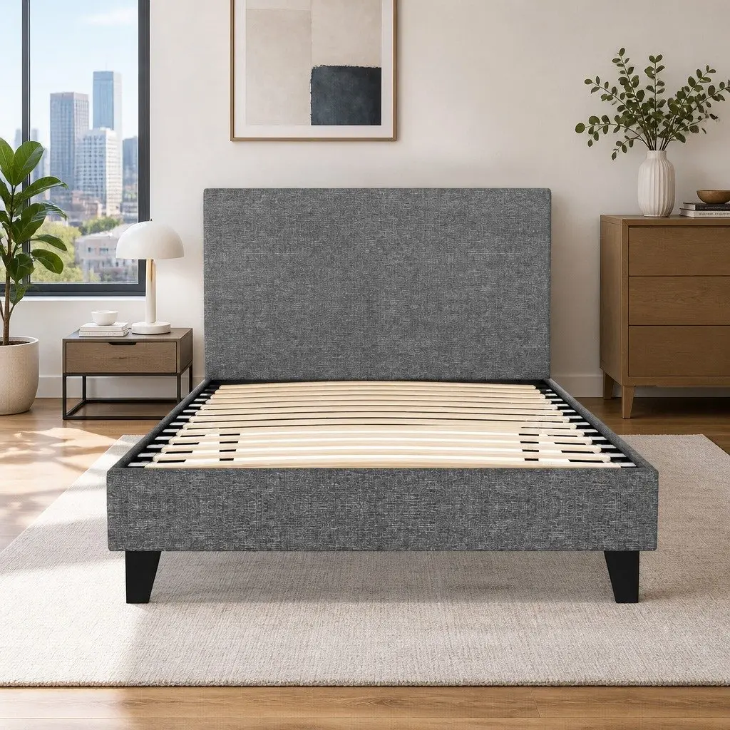 Grey Upholstered King Single Bed Frame with Slat Base