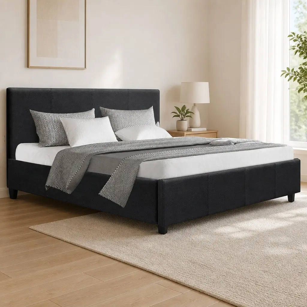 Charcoal Upholstered Queen Bed Frame with Solid Wood Base