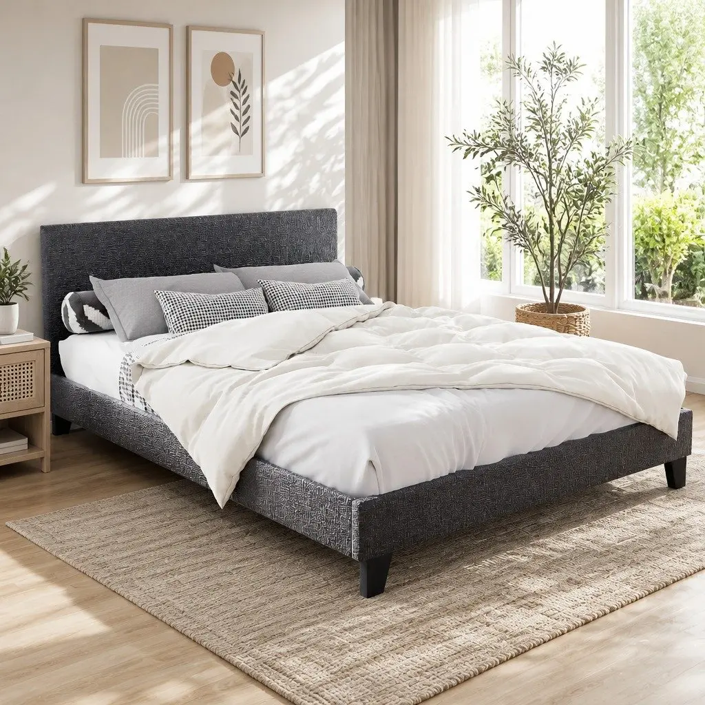 Charcoal Upholstered Queen Bed Frame with Solid Wood Base
