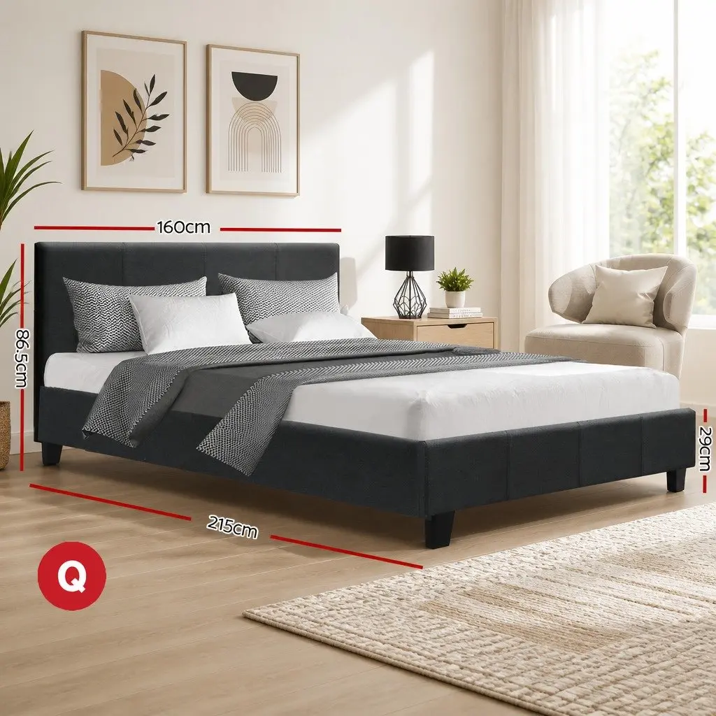 Charcoal Upholstered Queen Bed Frame with Solid Wood Base