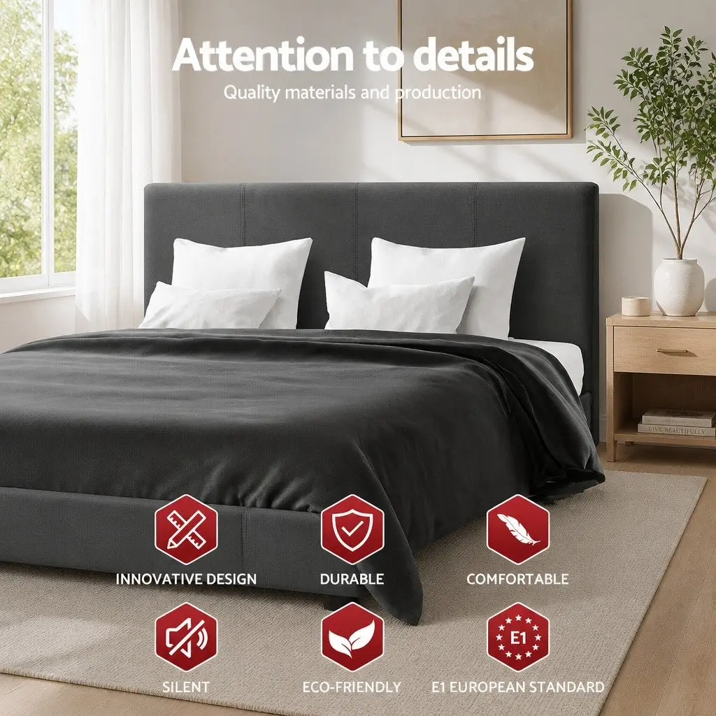 Charcoal Upholstered Queen Bed Frame with Solid Wood Base