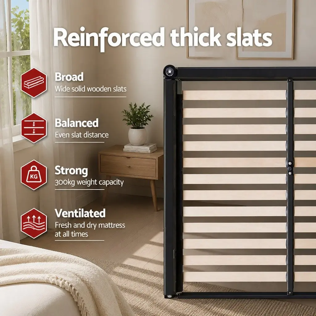 Charcoal Upholstered Queen Bed Frame with Solid Wood Base