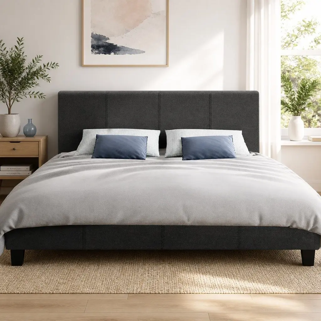 Charcoal Upholstered Queen Bed Frame with Solid Wood Base