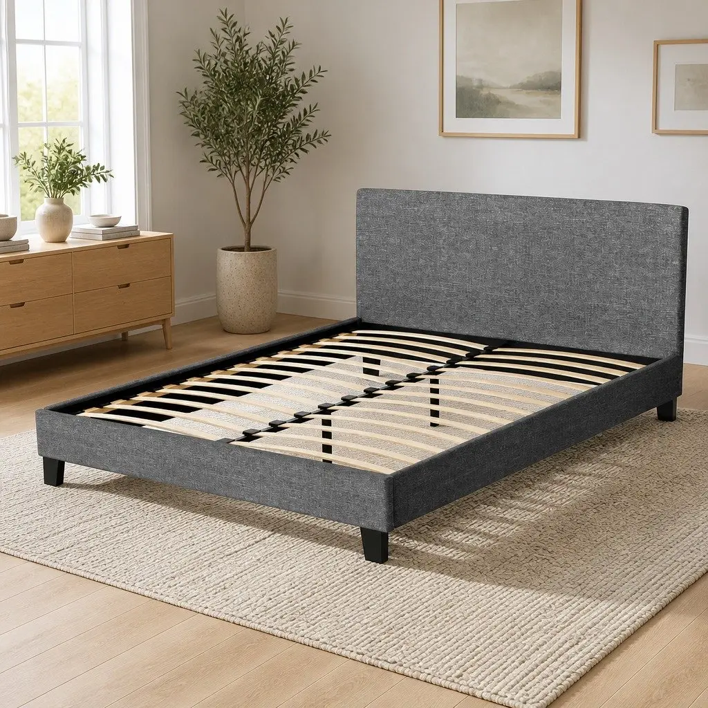 Queen Size Bed Frame with Padded Headboard in Grey