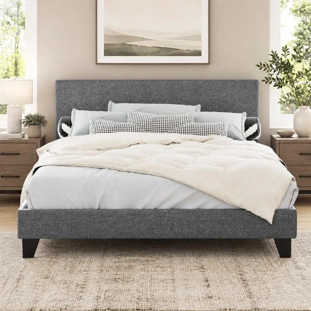 Queen Size Bed Frame with Padded Headboard in Grey