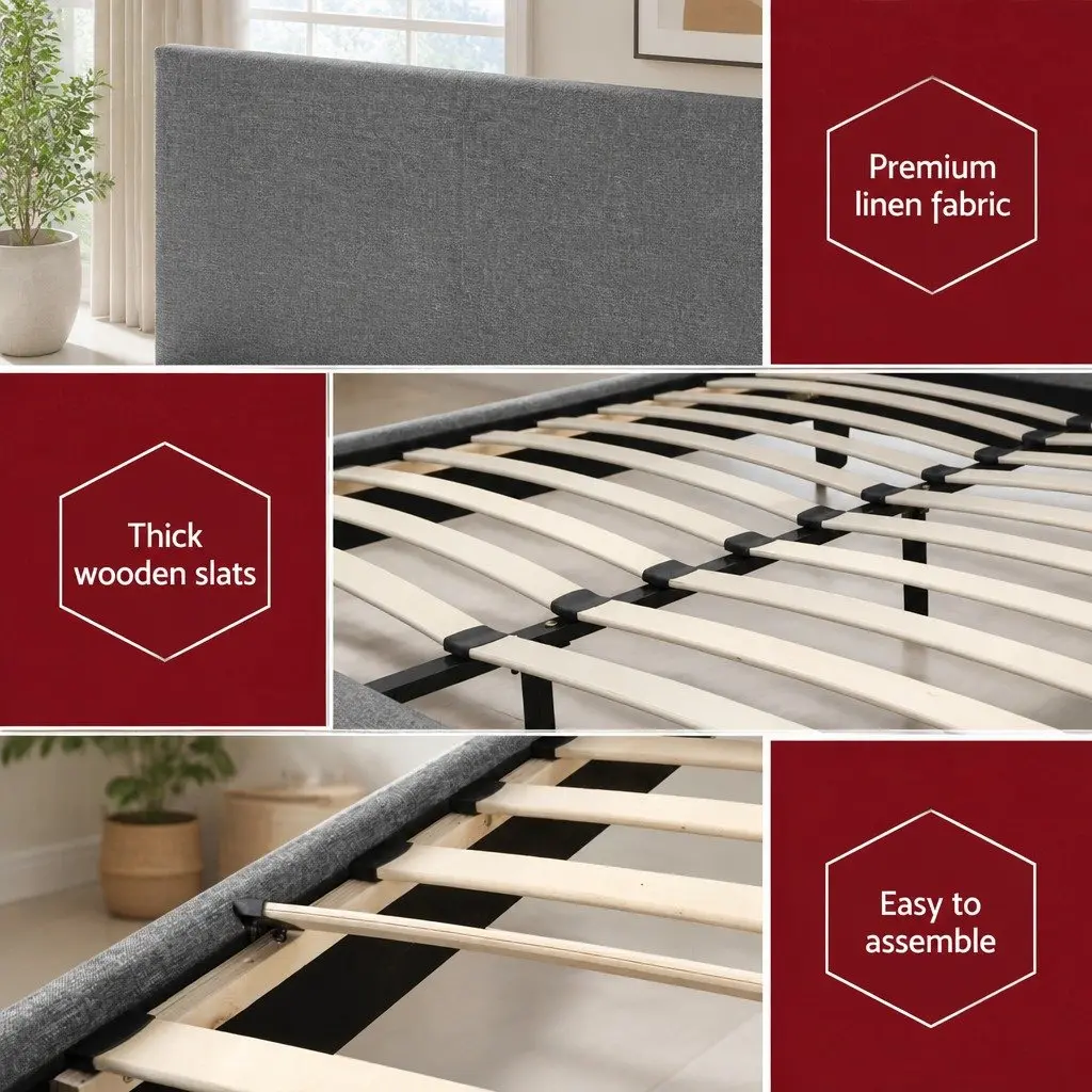 Queen Size Bed Frame with Padded Headboard in Grey