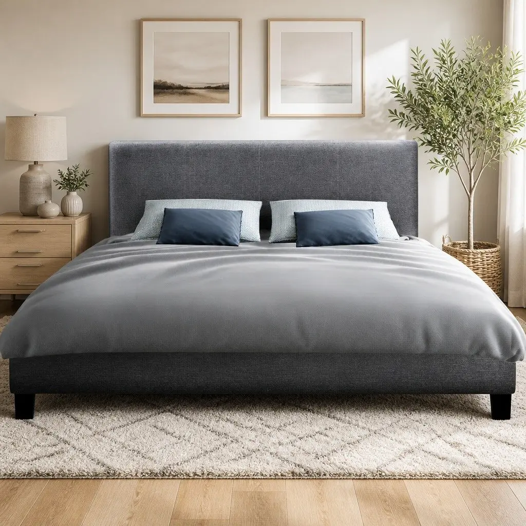 Queen Size Bed Frame with Padded Headboard in Grey
