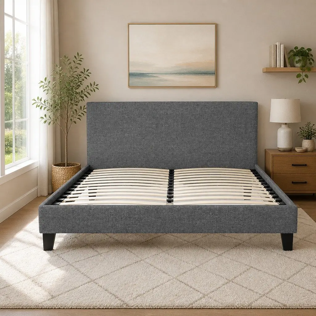 Queen Size Bed Frame with Padded Headboard in Grey