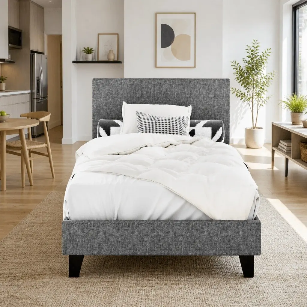 Grey Upholstered Single Bed Frame with Padded Headboard