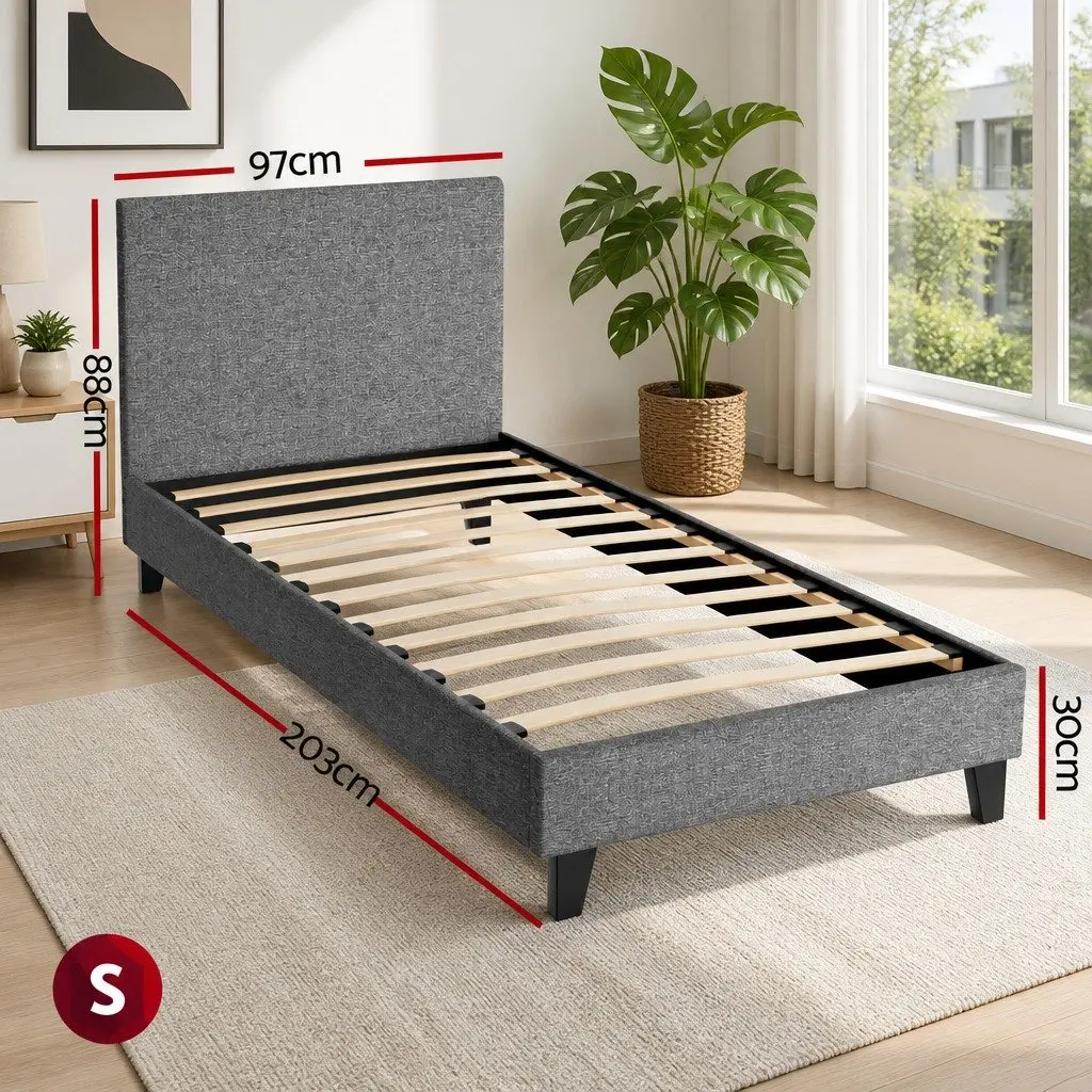 Grey Upholstered Single Bed Frame with Padded Headboard