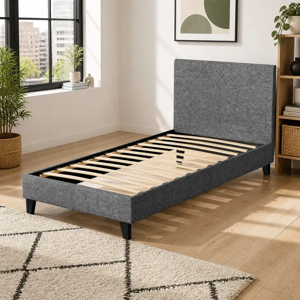 Grey Upholstered Single Bed Frame with Padded Headboard