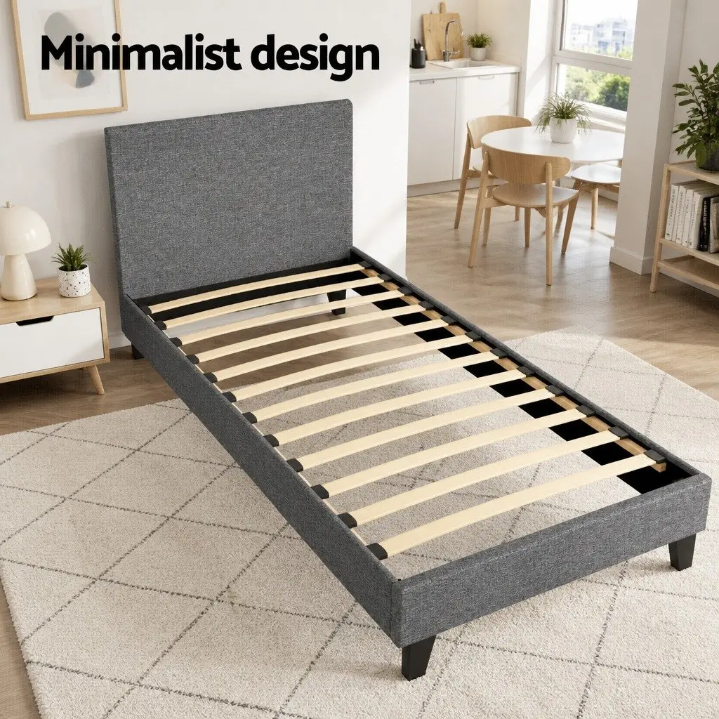 Grey Upholstered Single Bed Frame with Padded Headboard