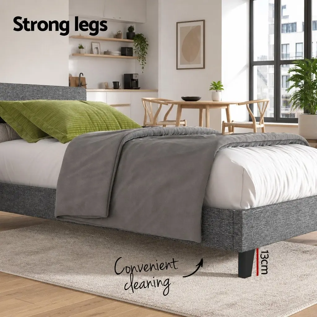 Grey Upholstered Single Bed Frame with Padded Headboard