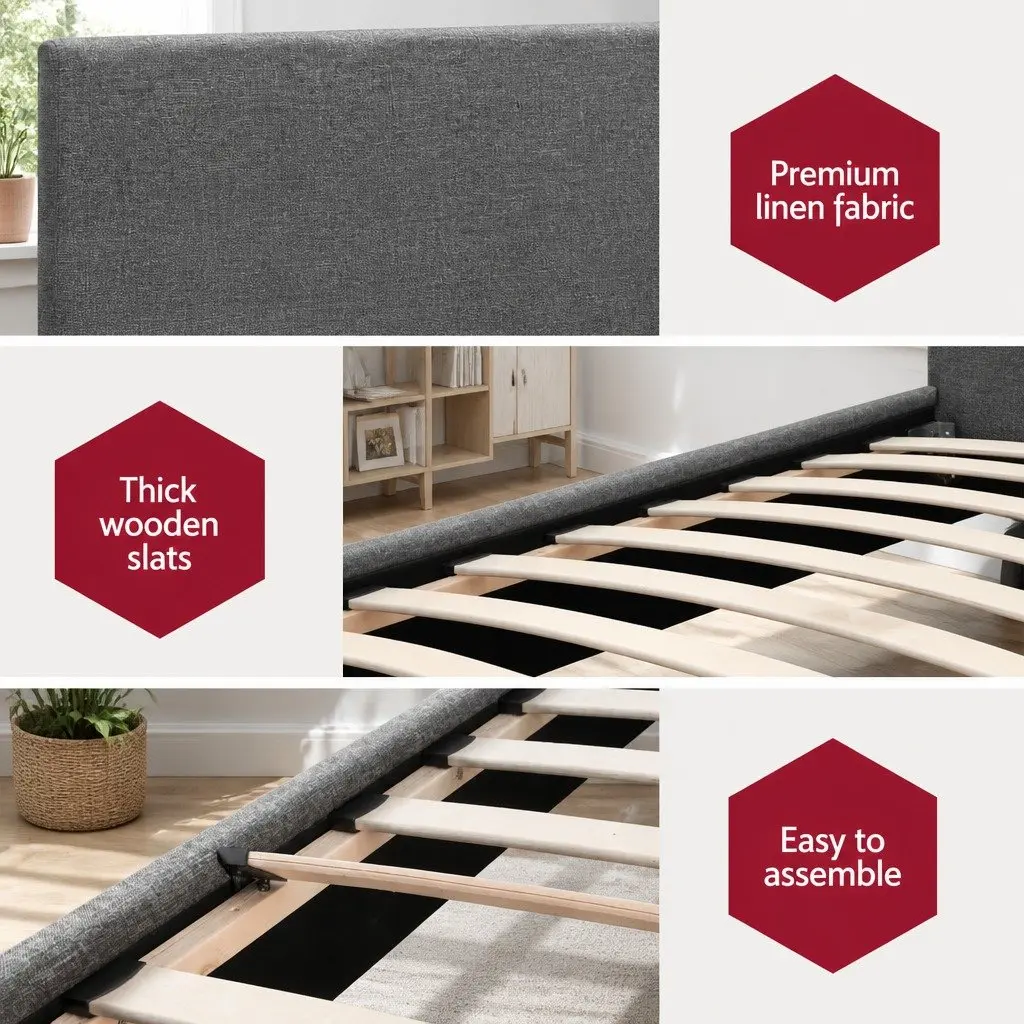 Grey Upholstered Single Bed Frame with Padded Headboard
