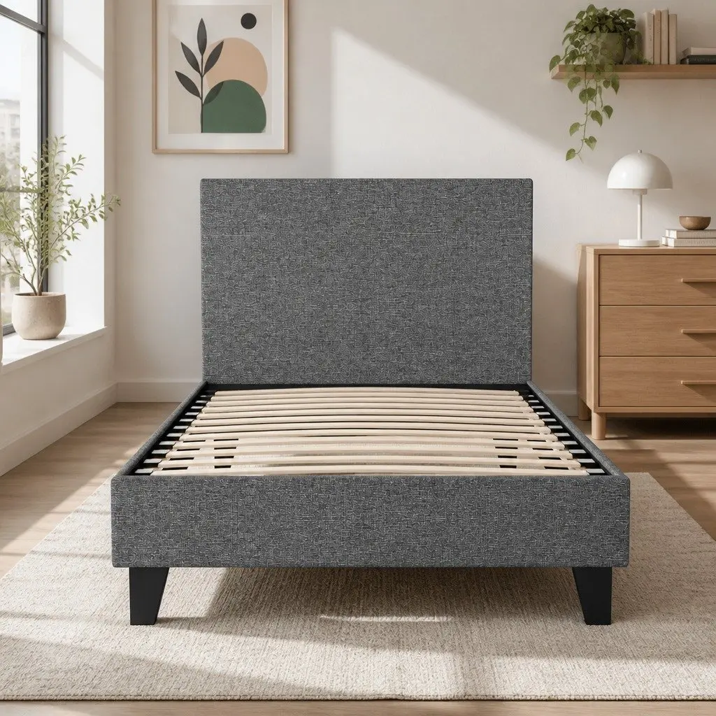 Grey Upholstered Single Bed Frame with Padded Headboard