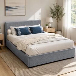 Grey Upholstered Double Bed Frame with Gas Lift Storage