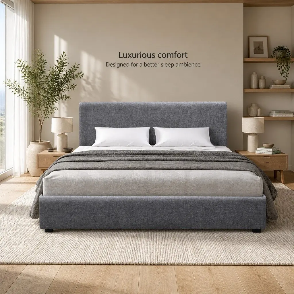Grey Upholstered Double Bed Frame with Gas Lift Storage