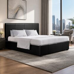 Sturdy Queen Size Gas Lift Storage Bed Frame with Black Upholstery