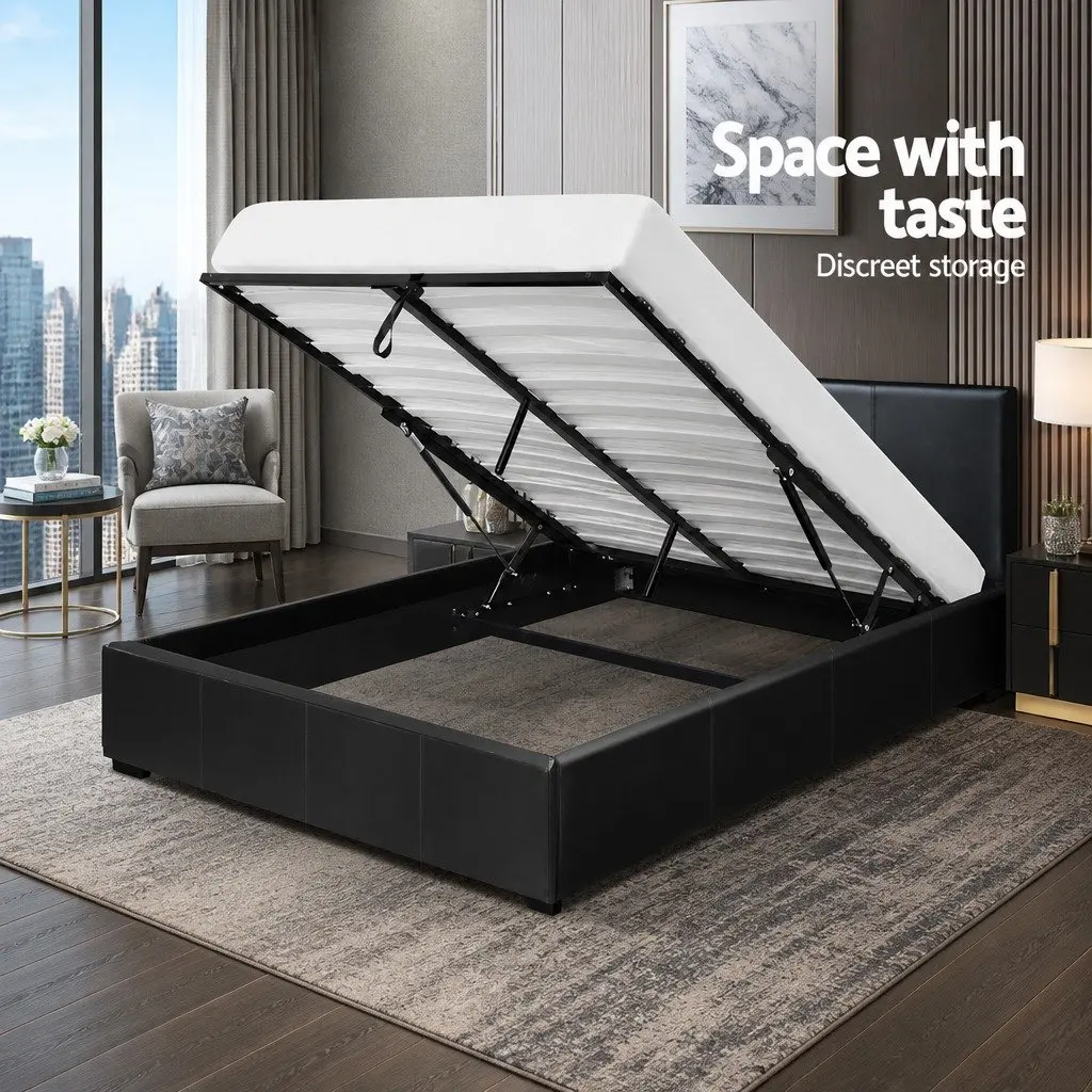 Queen Size Bed Frame PU Leather Black Gas Lift Storage with Upholstered Headboard