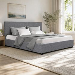 Queen Size Gas Lift Bed Frame Grey Storage Padded Upholstered Headboard Platform