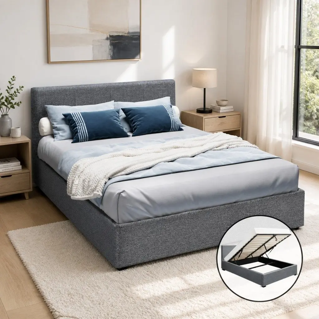 Queen Size Bed Frame Faux Linen Grey Gas Lift Storage Padded Upholstered Headboard