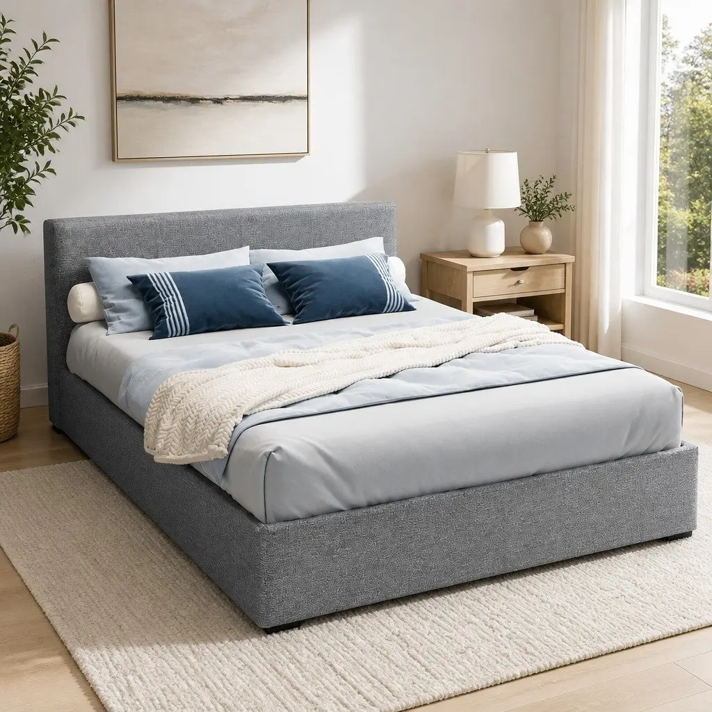 Queen Size Bed Frame Faux Linen Grey Gas Lift Storage Padded Upholstered Headboard