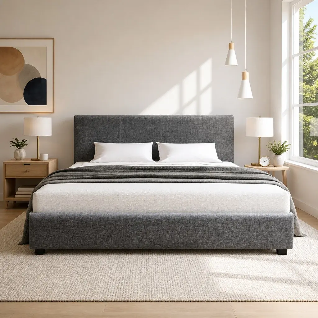 Queen Size Bed Frame Faux Linen Grey Gas Lift Storage Padded Upholstered Headboard