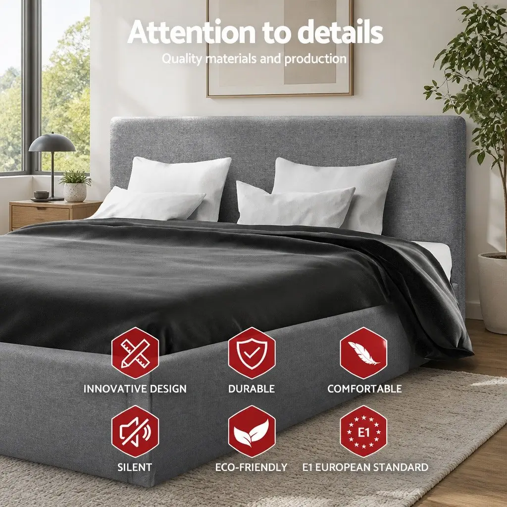 Queen Size Bed Frame Faux Linen Grey Gas Lift Storage Padded Upholstered Headboard