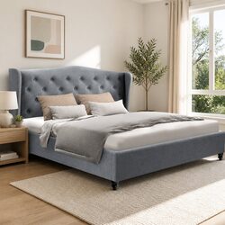 Sturdy Grey Upholstered Double Bed Frame with Headboard