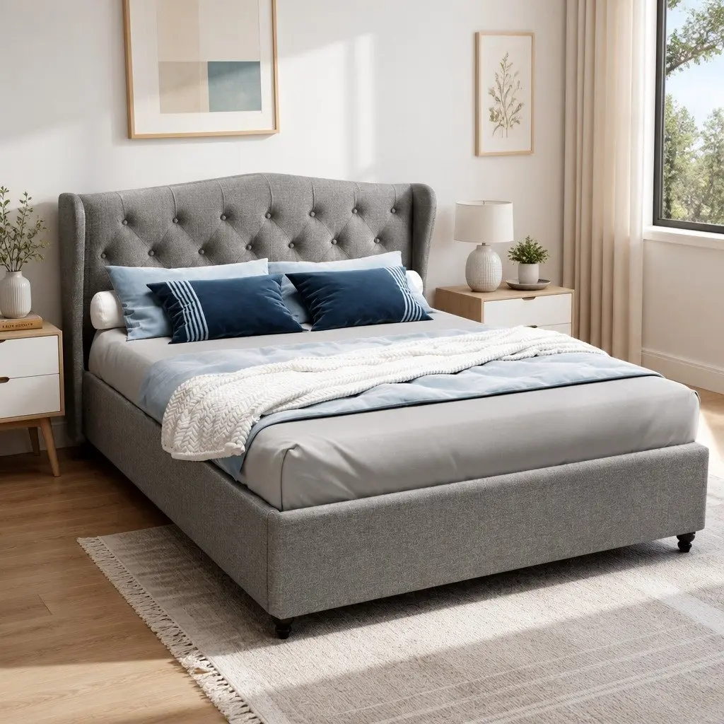Grey Upholstered Double Bed Frame with Headboard