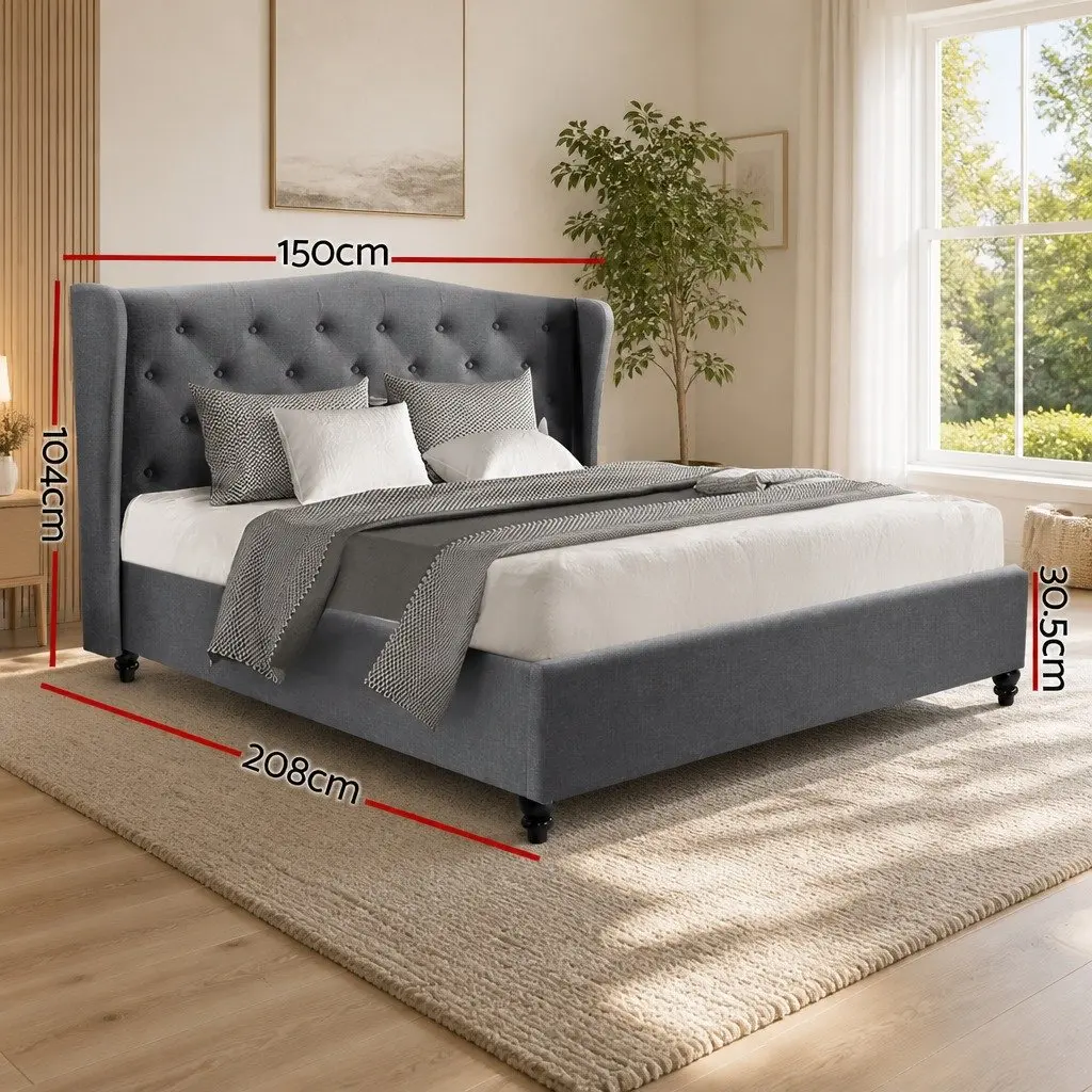 Grey Upholstered Double Bed Frame with Headboard