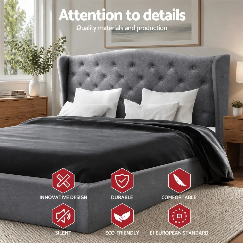 Grey Upholstered Double Bed Frame with Headboard