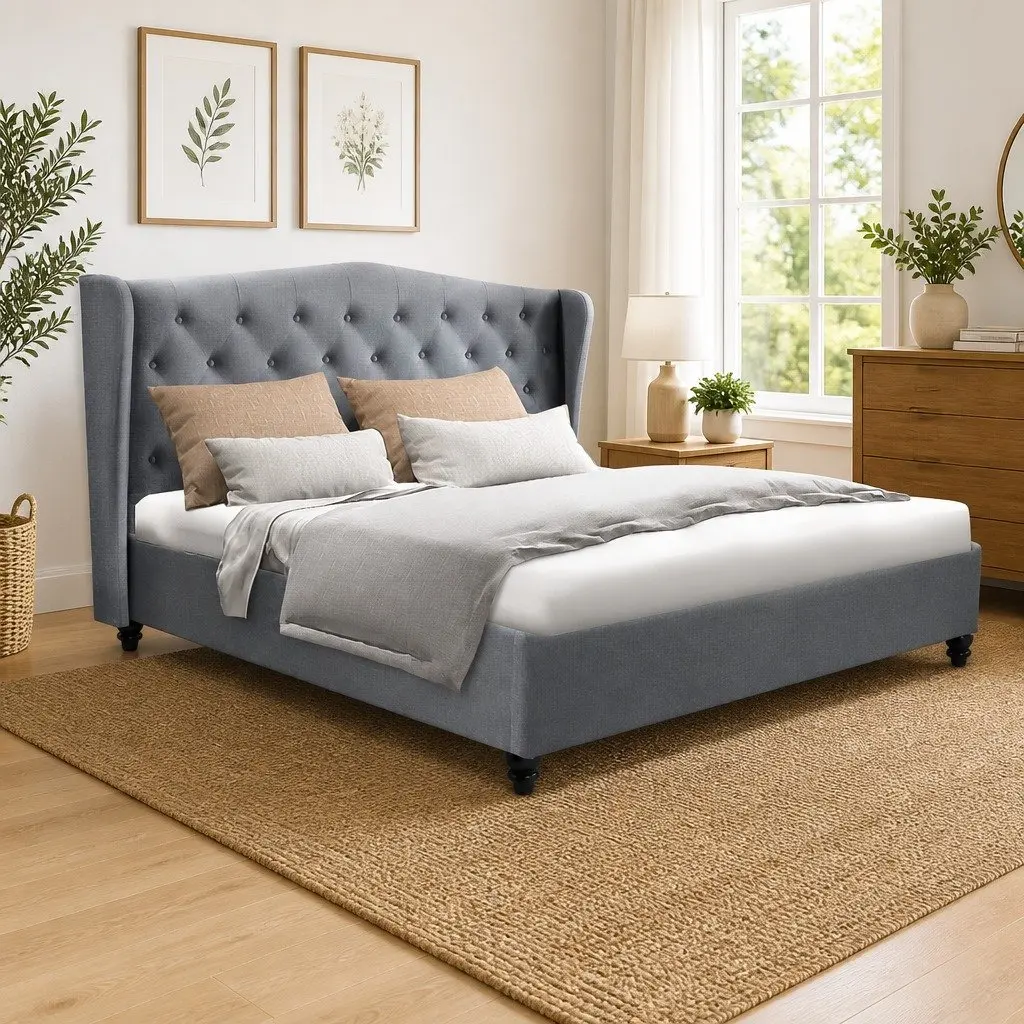 Grey Upholstered Double Bed Frame with Headboard
