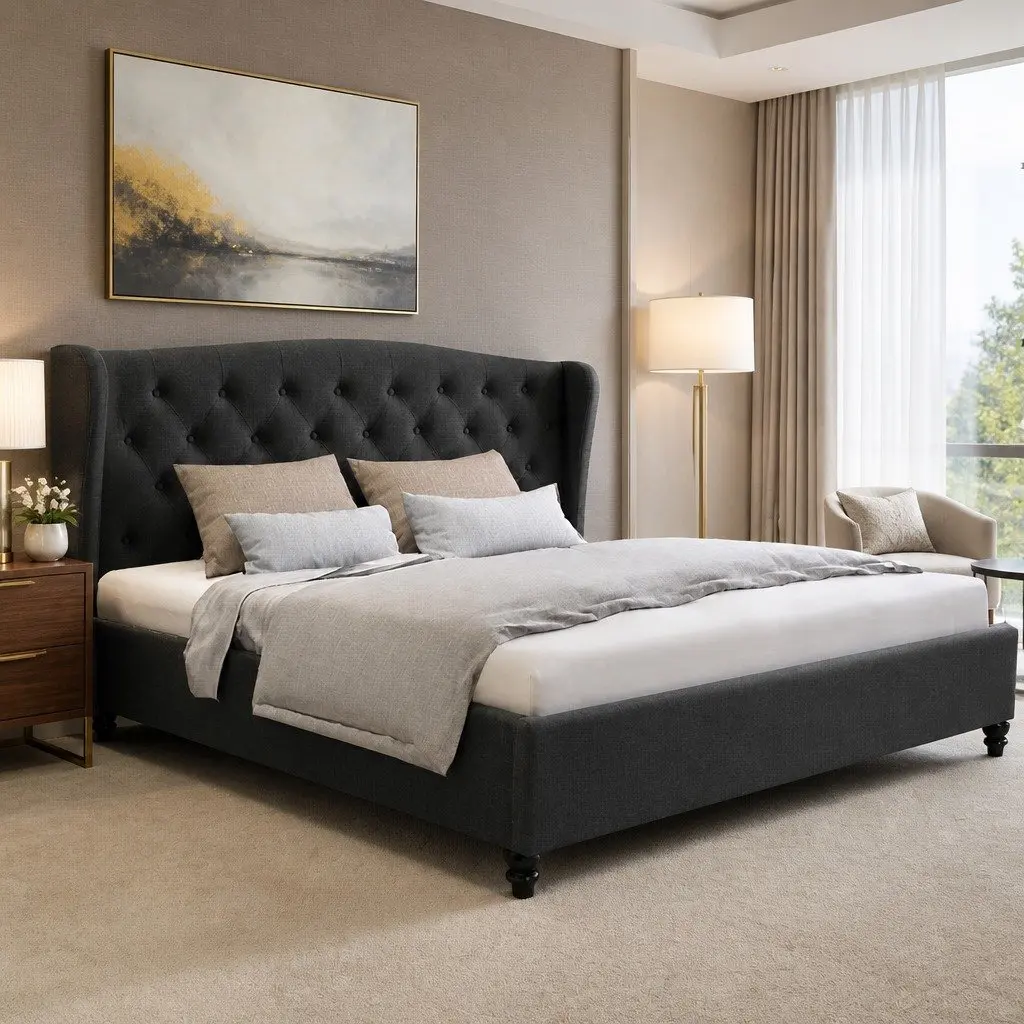 King Size Bed Frame Steel Charcoal Upholstered Wing Headboard