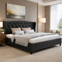 Charcoal Upholstered King Size Bed Frame with Wing Headboard