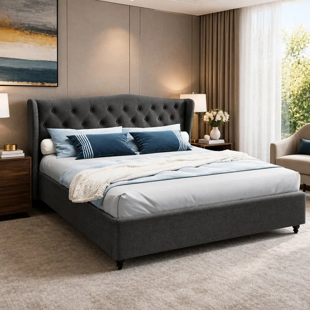 King Size Bed Frame Steel Charcoal Upholstered Wing Headboard