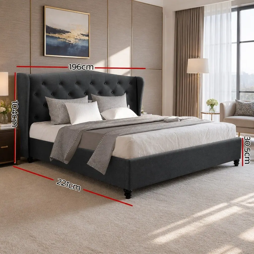 King Size Bed Frame Steel Charcoal Upholstered Wing Headboard