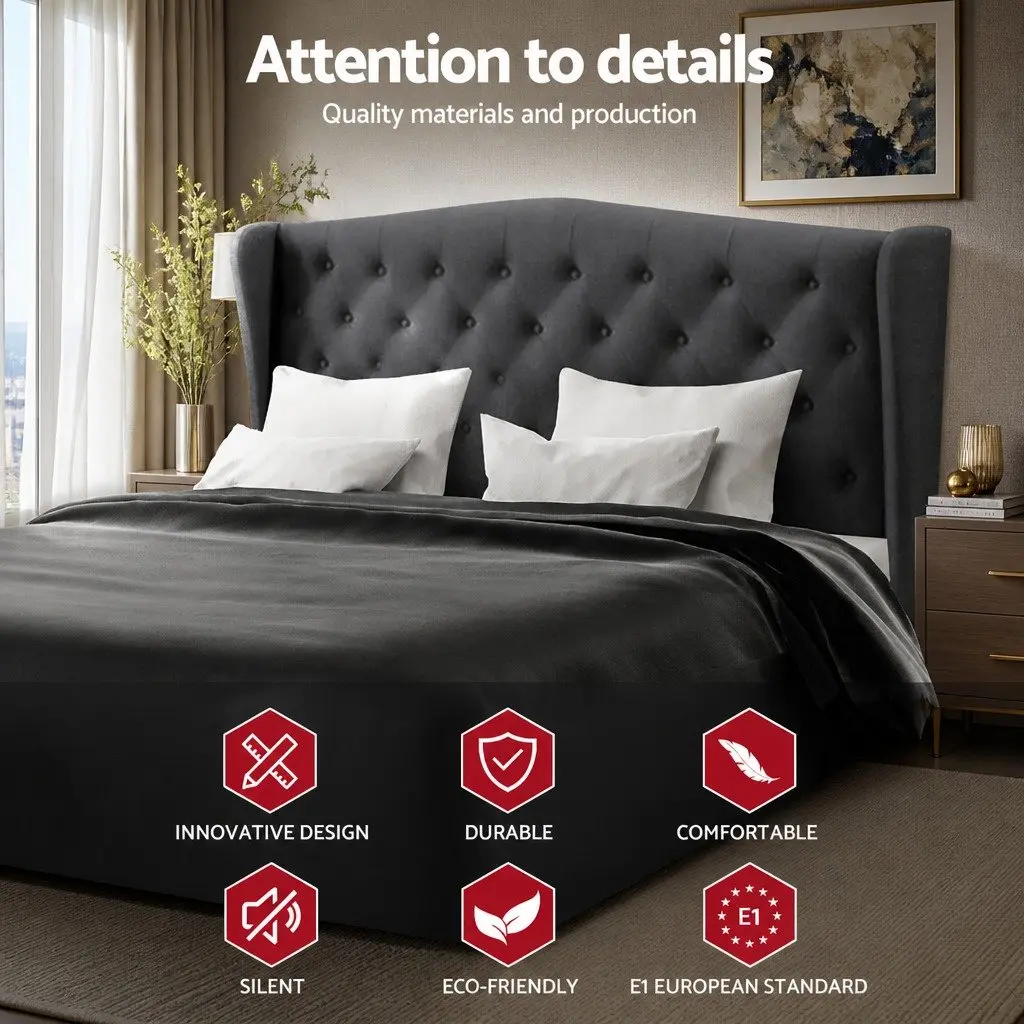 King Size Bed Frame Steel Charcoal Upholstered Wing Headboard