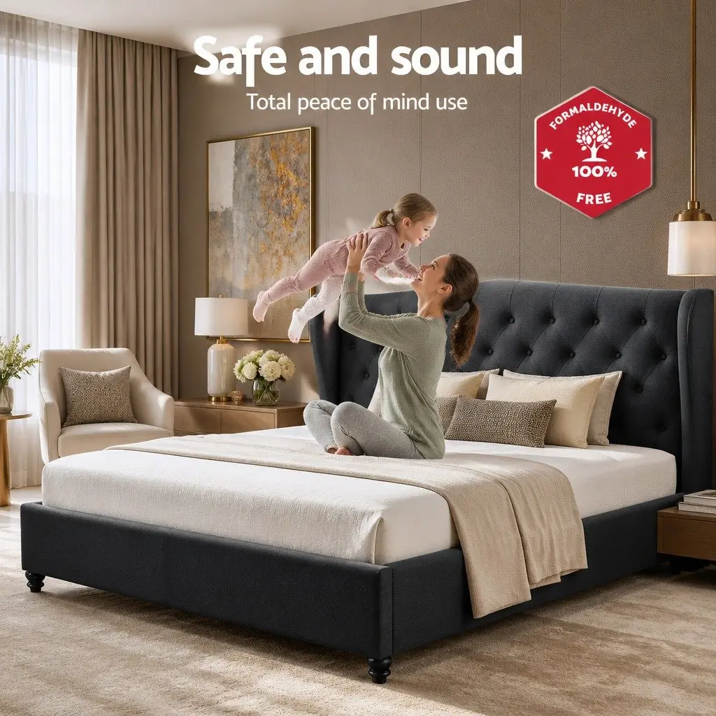 King Size Bed Frame Steel Charcoal Upholstered Wing Headboard