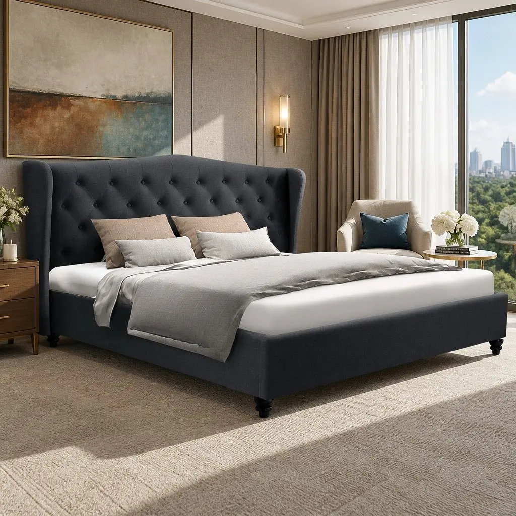 King Size Bed Frame Steel Charcoal Upholstered Wing Headboard