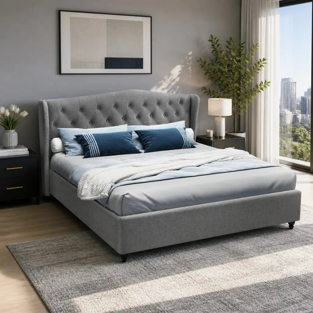 King Size Bed Frame with Upholstered Headboard